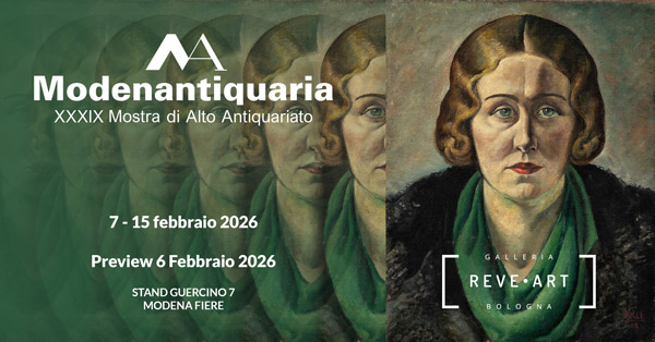 ritratto di donna replicato più volte uno a fianco all'altro con scritte relative alla fiera Modenantiquaria