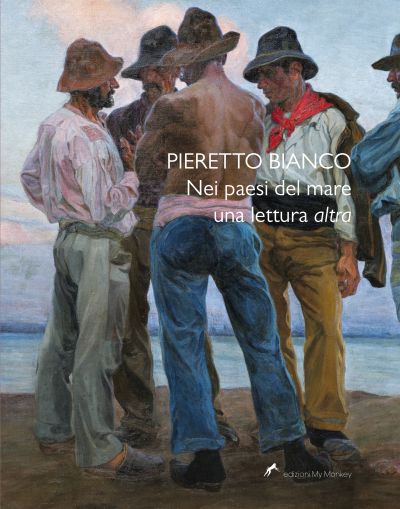 gruppo di 5 uomini con berretto da pescatore in piedi in riva al mare